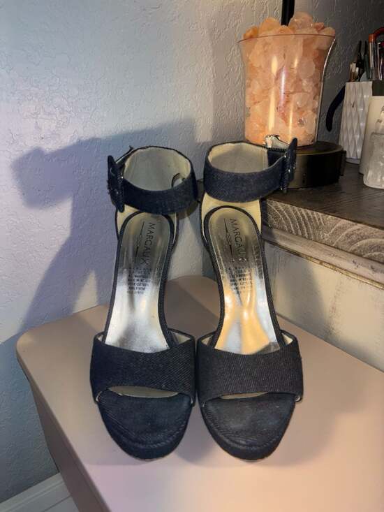 Margaux Shoes - O2: Margaux Denim Platform Ankle Strap Stiletto Heels Size 7.5